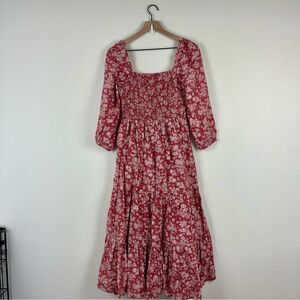 Lucky Brand Pink Floral Shirred Ruffle Peasant Dress, S